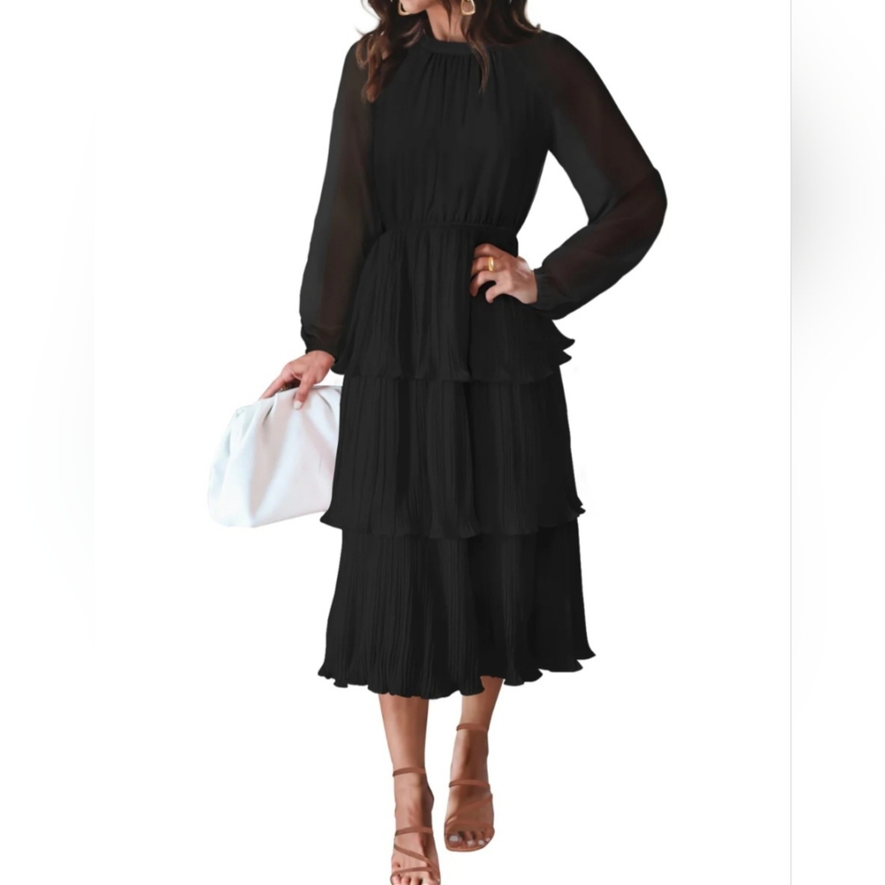 Xisoxu Black Chiffon Tiered Long Sleeve Flowy Cocktail Dress NWOT Small - Picture 1 of 5